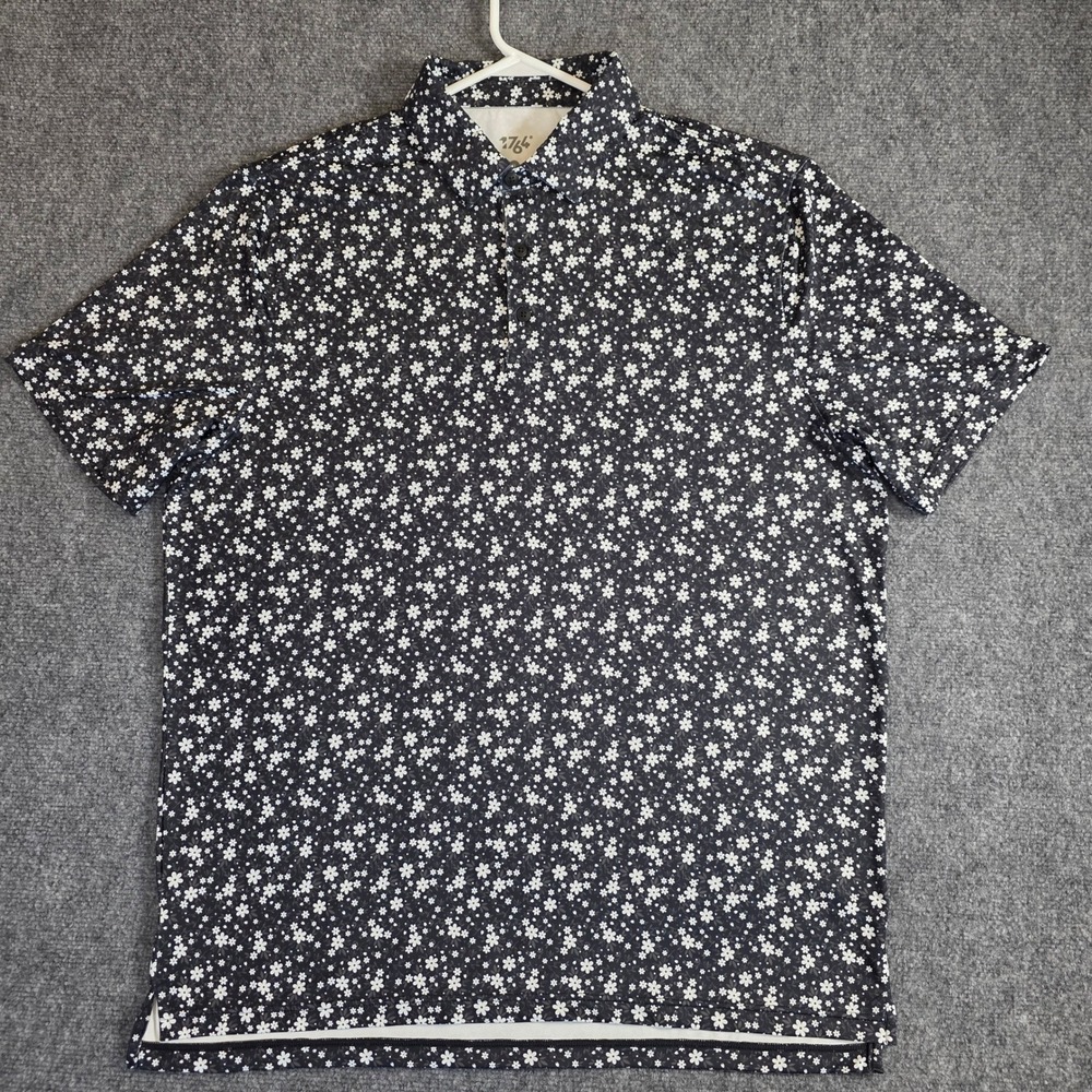 1764‎ Polo Shirt Mens XL Black White Flowers Floral Performance Stretch Golf